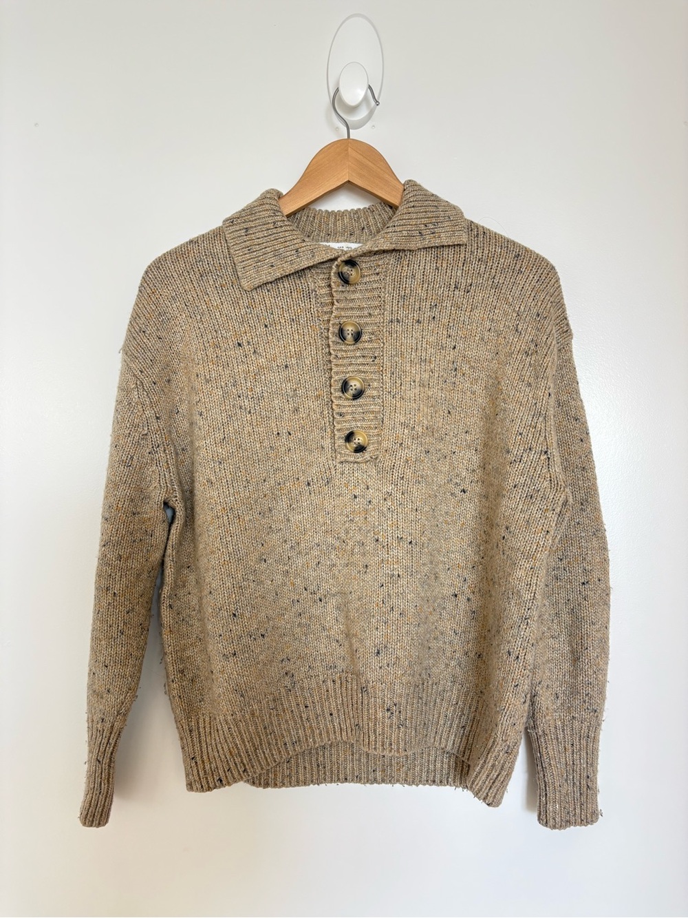 Zara Speckled Beige Button-Front Collar Sweater